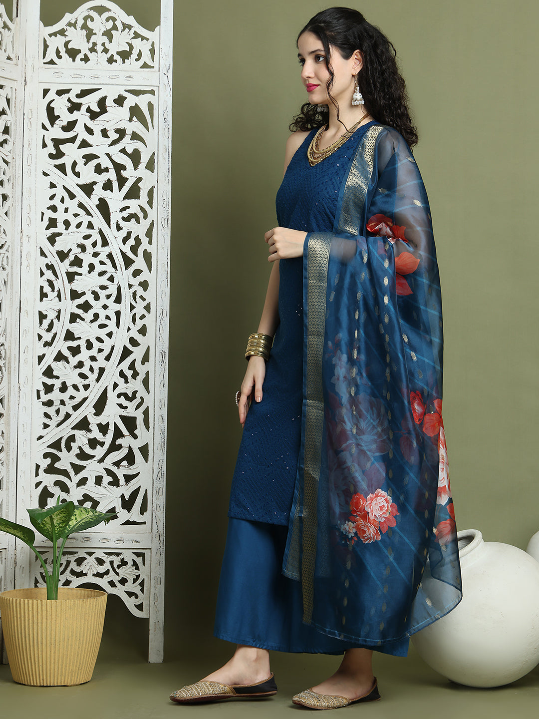 Embroidered Rayon Kurta Palazzos With dupatta ( JOKPL 2137Pe D66Pe 1579 Peacock )