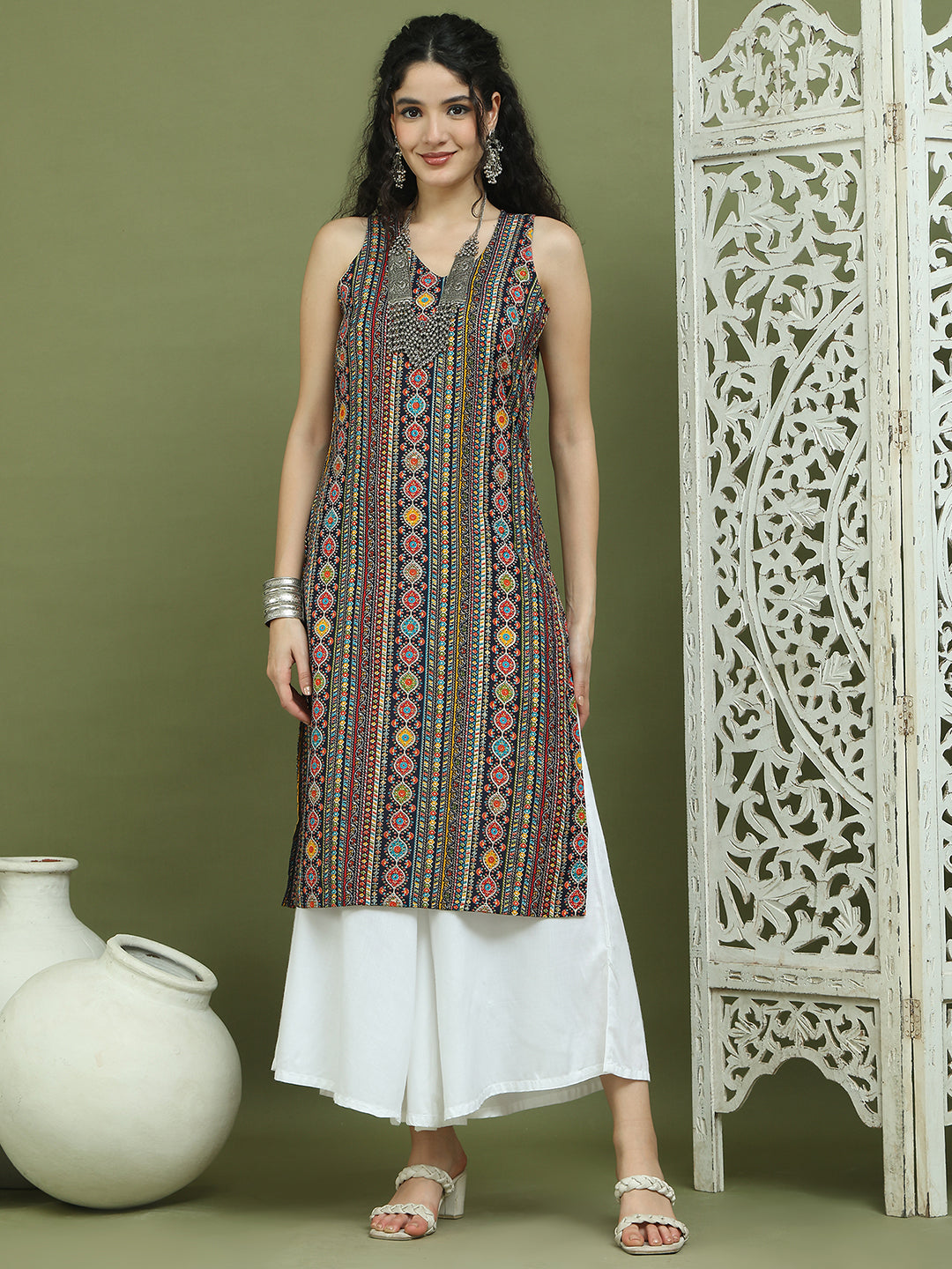 Foil Printed Rayon Kurta ( JOK 1574 Navy )