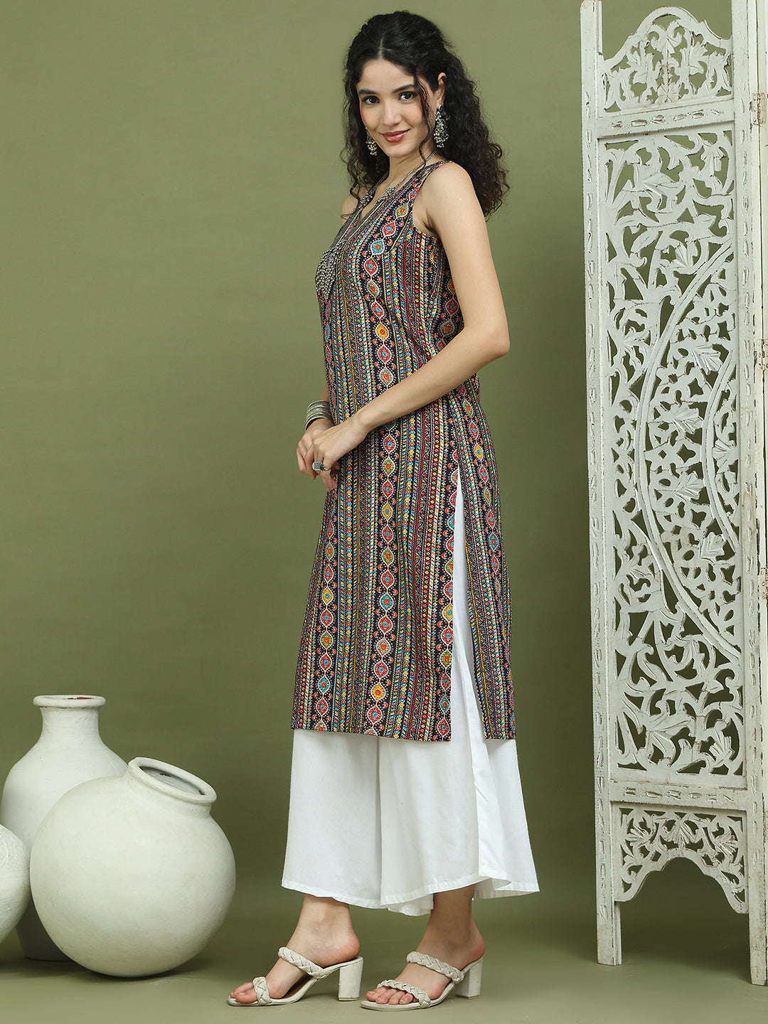 Foil Printed Rayon Kurta With Palazzos ( JOKPL 2137W 1574 Navy )