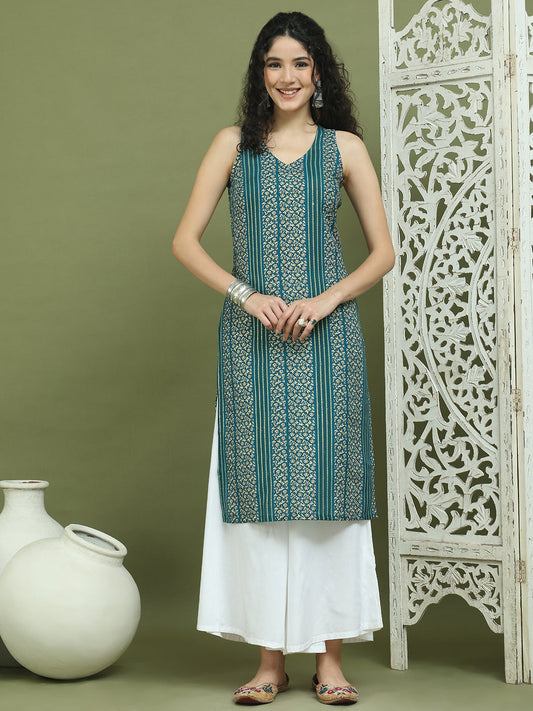 Foil Printed Rayon Kurta With Palazzos for Women ( JOKPL 2137W 1575 Blue )