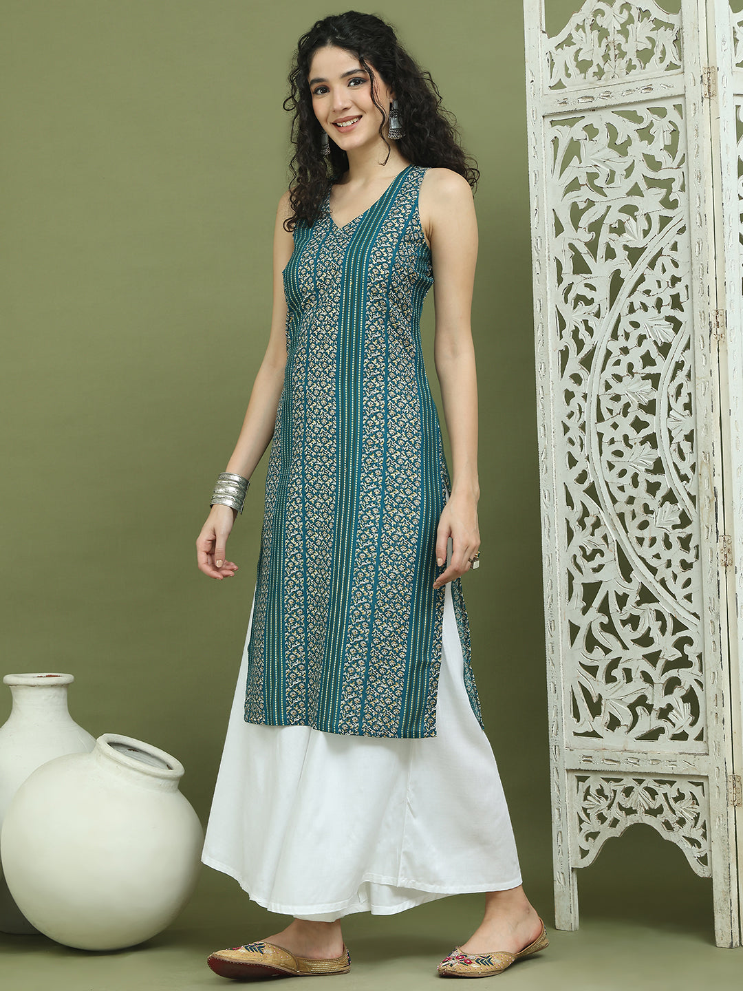 Foil Printed Rayon Kurta With Palazzos for Women ( JOKPL 2137W 1575 Blue )
