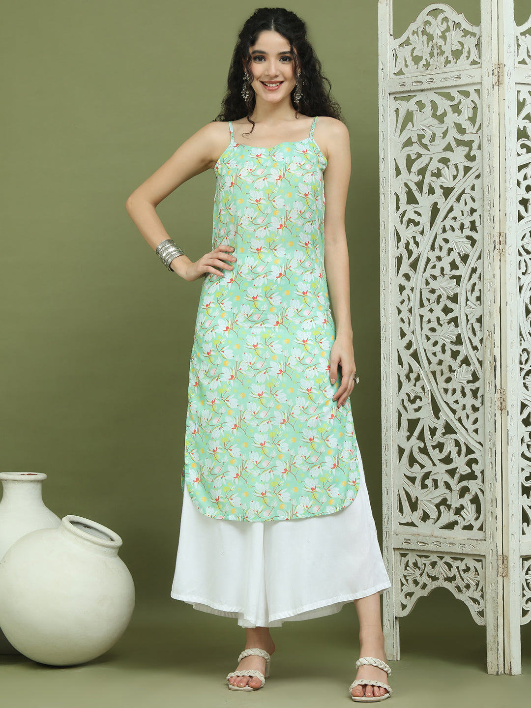 Women's Floral Printed Rayon Kurta ( JOK 1578 Green )