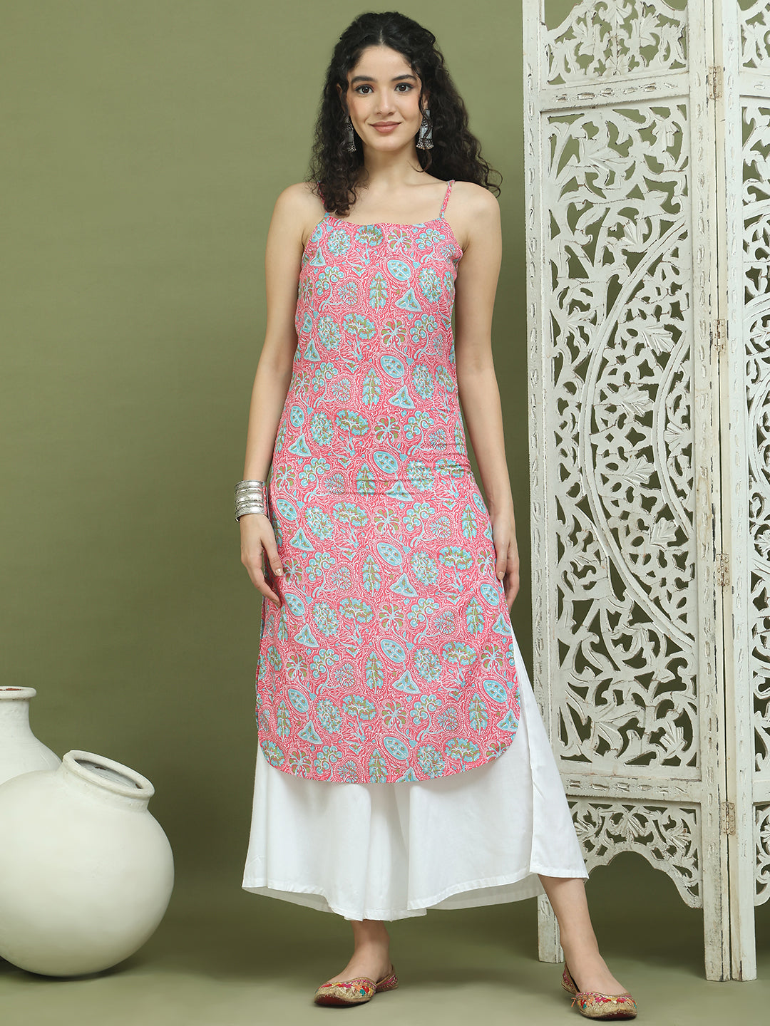 Women's Floral Printed Rayon Kurta ( JOK 1578 Pink )