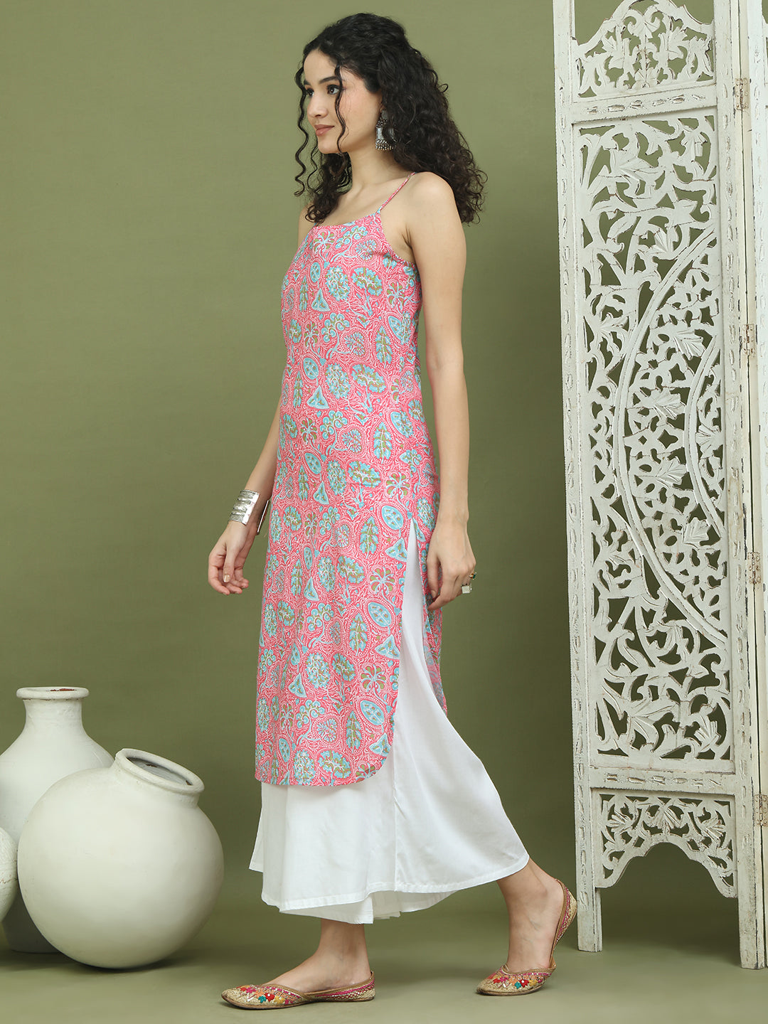 Women's Floral Printed Rayon Kurta ( JOK 1578 Pink )
