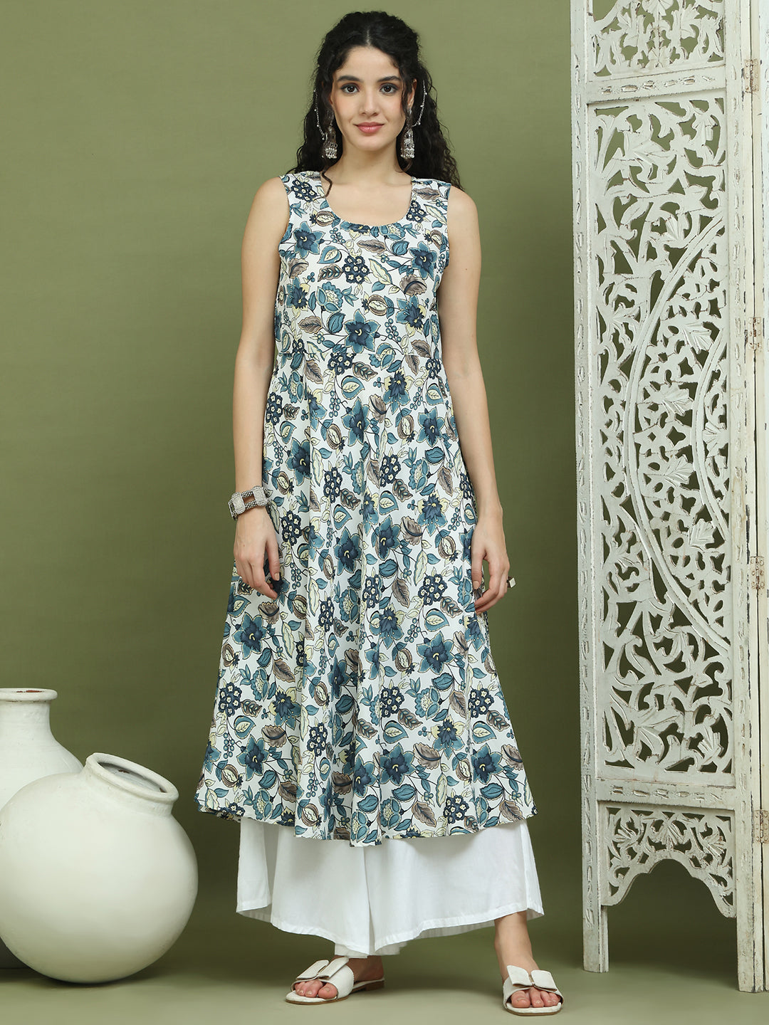 Foil Printed flared kurtas ( JOK 1581 Navy )