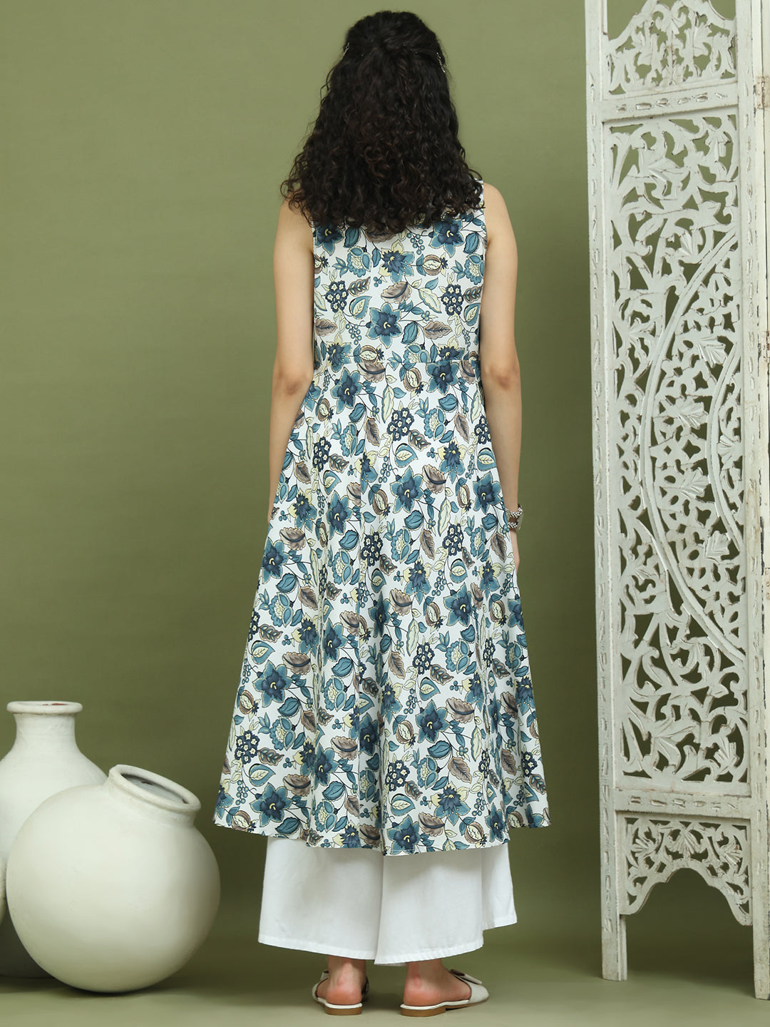 Foil Printed flared kurtas ( JOK 1581 Navy )