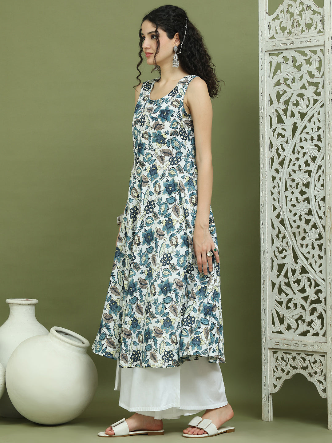 Foil Printed flared kurtas ( JOK 1581 Navy )