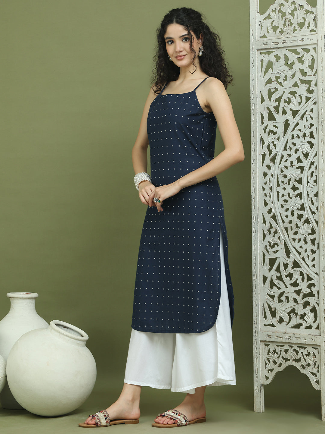Screen Printed Pure Cotton Kurta With Palazzos ( JOKPL 2137W 1582 Navy )