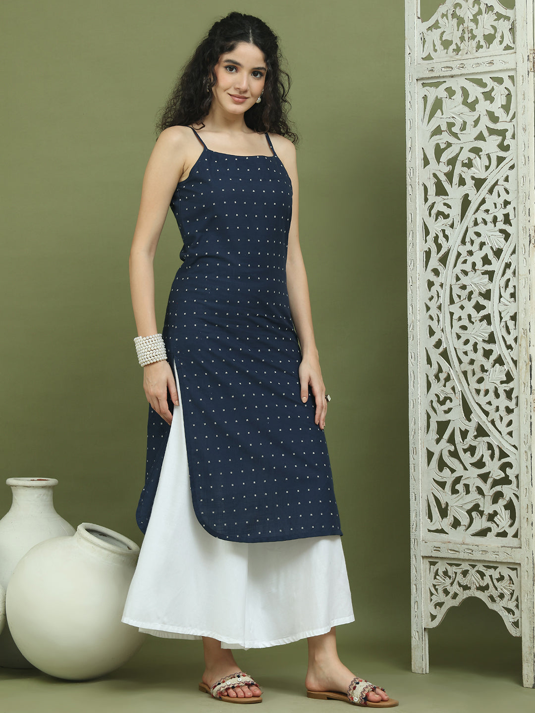 Screen Printed Pure Cotton Kurta With Palazzos ( JOKPL 2137W 1582 Navy )