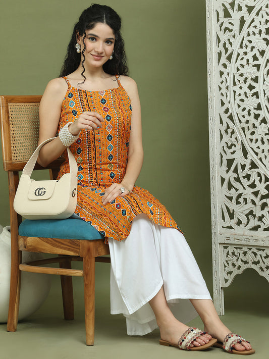 Foil Printed Rayon Kurtas for Women ( JOK 1583 Mustard )