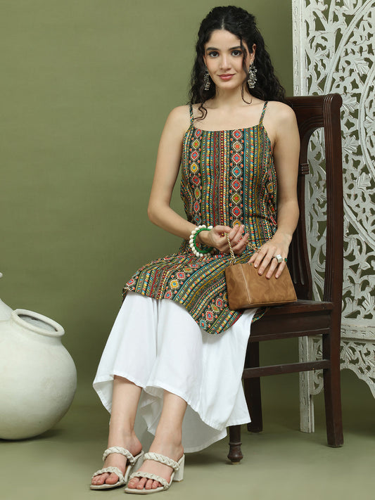 Foil Printed Rayon Kurtas for Women ( JOK 1583 Olive )