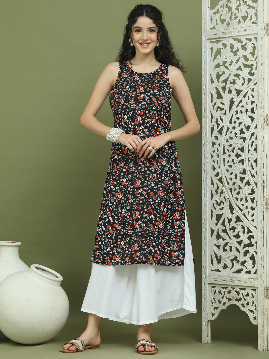 Printed Rayon Kurta Palazzo Set ( JOKPL 2137W 1584 Black )