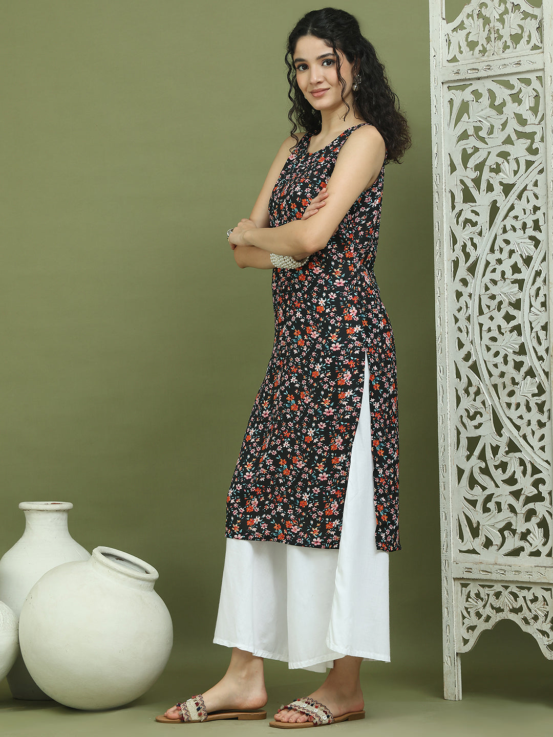 Printed Rayon Kurta Palazzo Set ( JOKPL 2137W 1584 Black )
