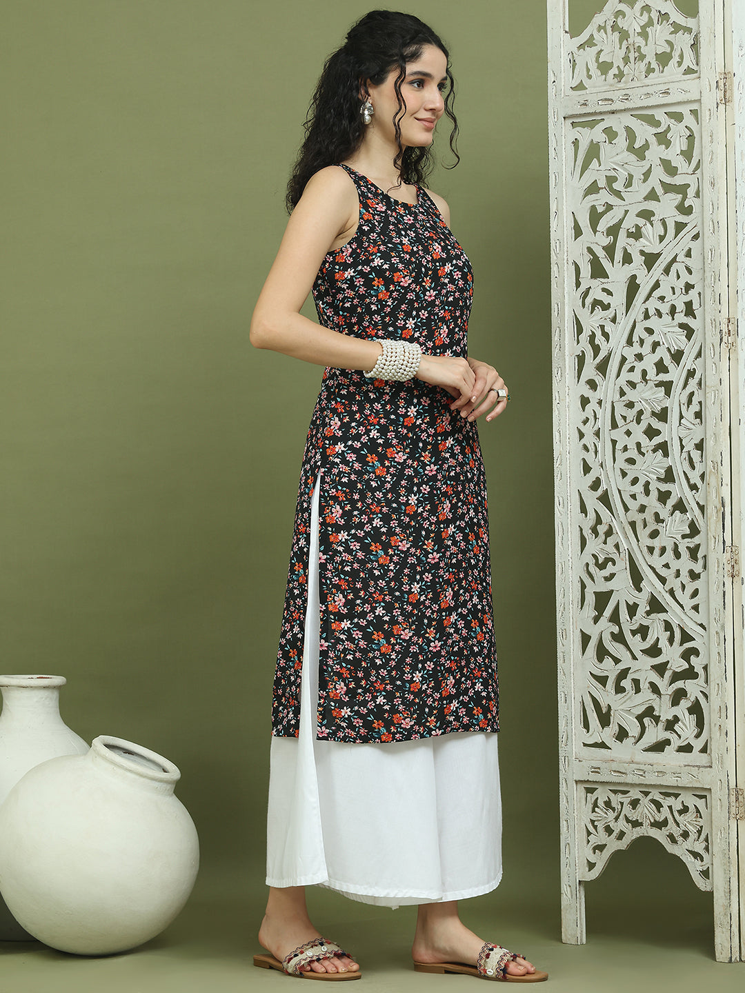 Printed Rayon Kurta Palazzo Set ( JOKPL 2137W 1584 Black )