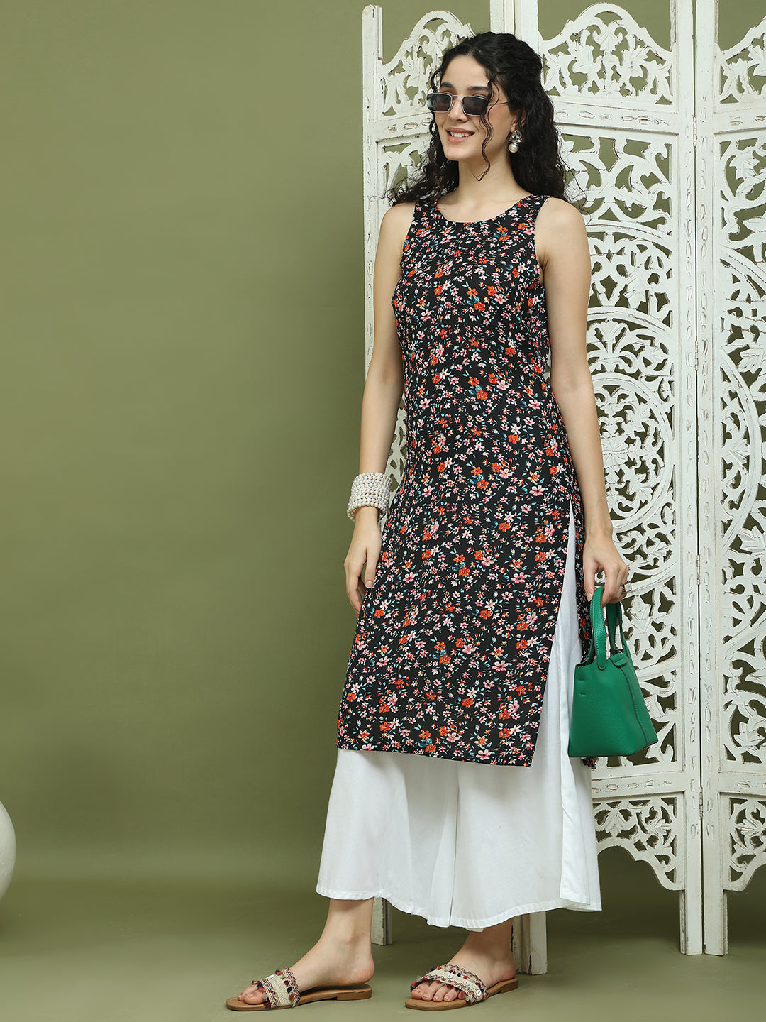 Printed Rayon Kurta Palazzo Set ( JOKPL 2137W 1584 Black )