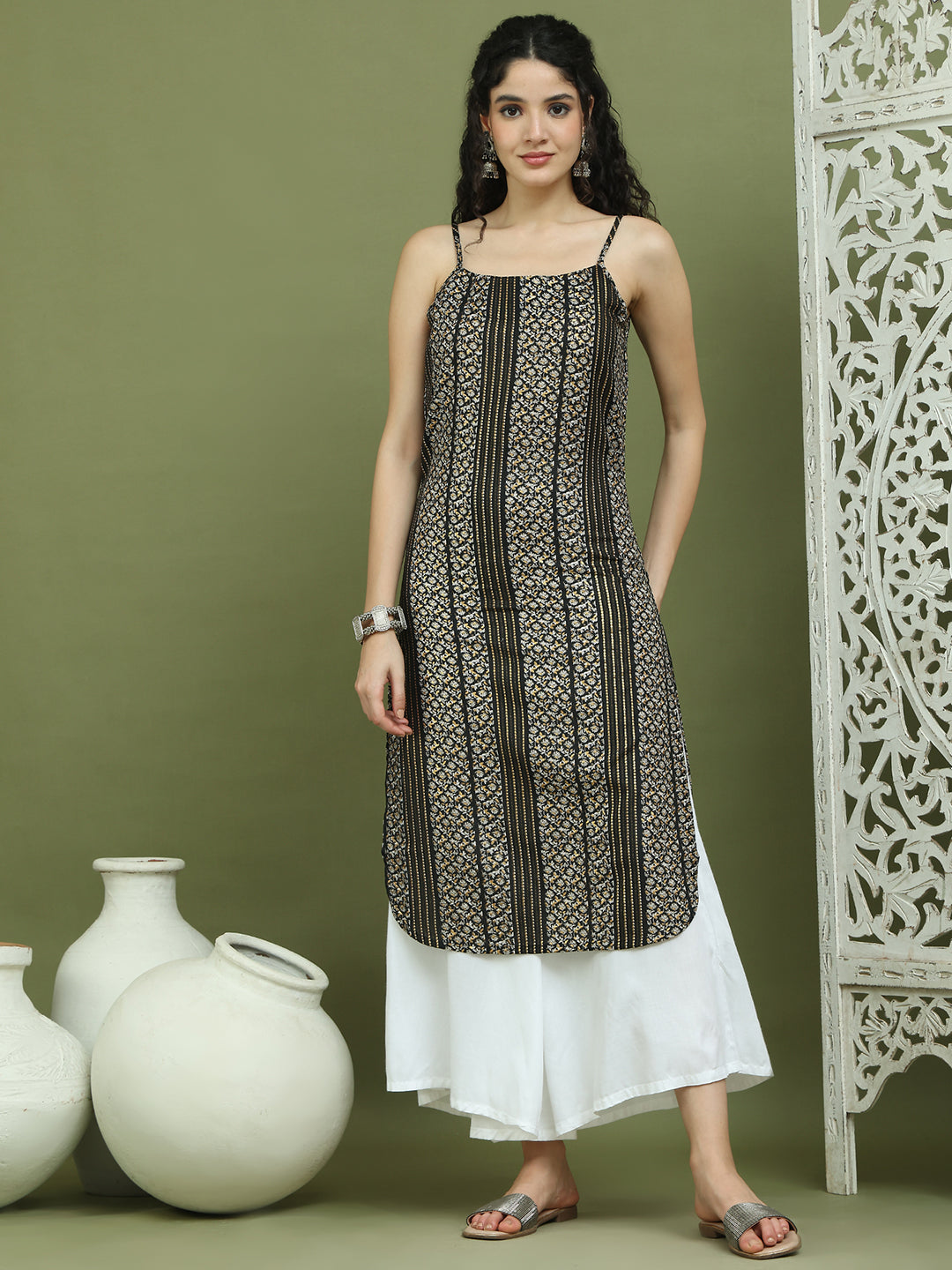 Foil Printed Rayon Kurtas for Women ( JOK 1586 Black )