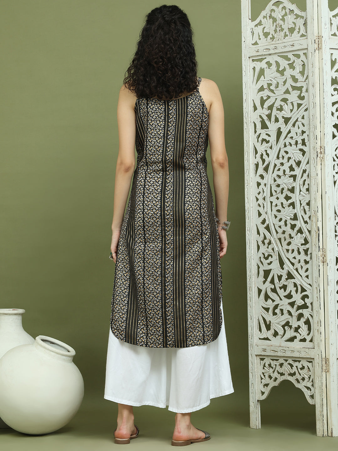Foil Printed Rayon Kurtas for Women ( JOK 1586 Black )
