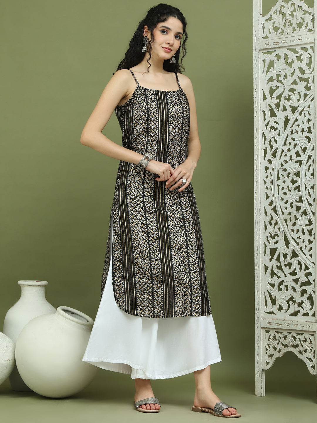 Foil Printed Rayon Kurtas for Women ( JOK 1586 Black )