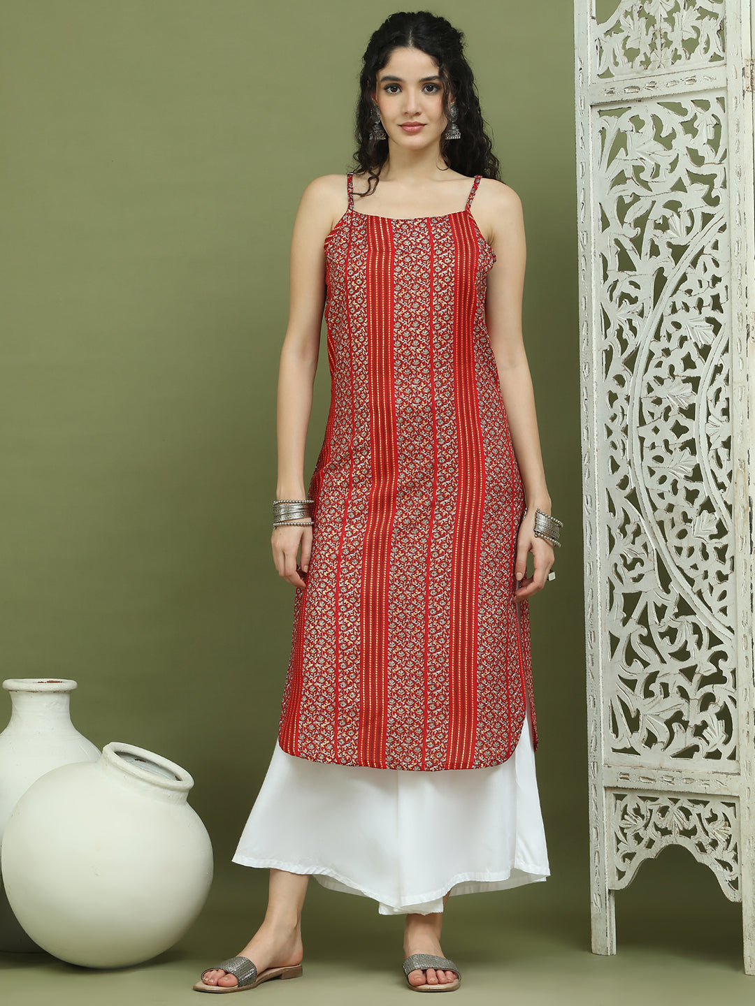 Foil Printed Rayon Kurtas for Women ( JOK 1586 Red )