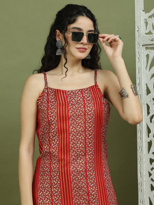 Foil Printed Rayon Kurtas for Women ( JOK 1586 Red )