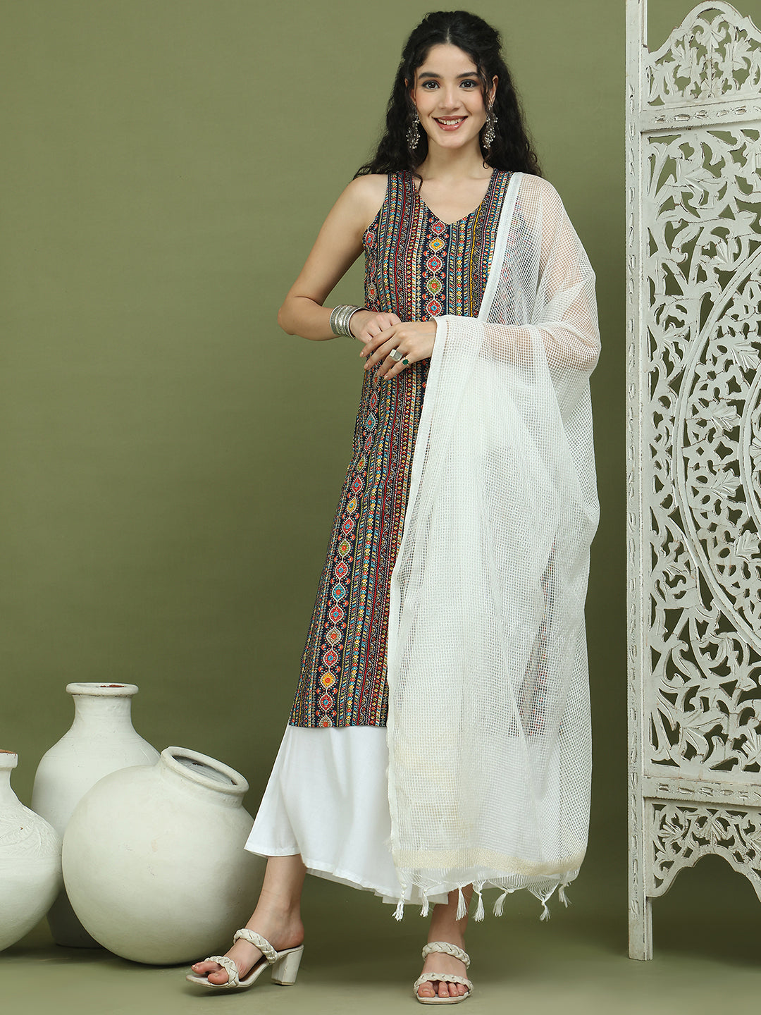 Foil Printed Rayon Kurta Palazzos With Dupatta ( JOKPL 2137W D31W 1574 Navy )