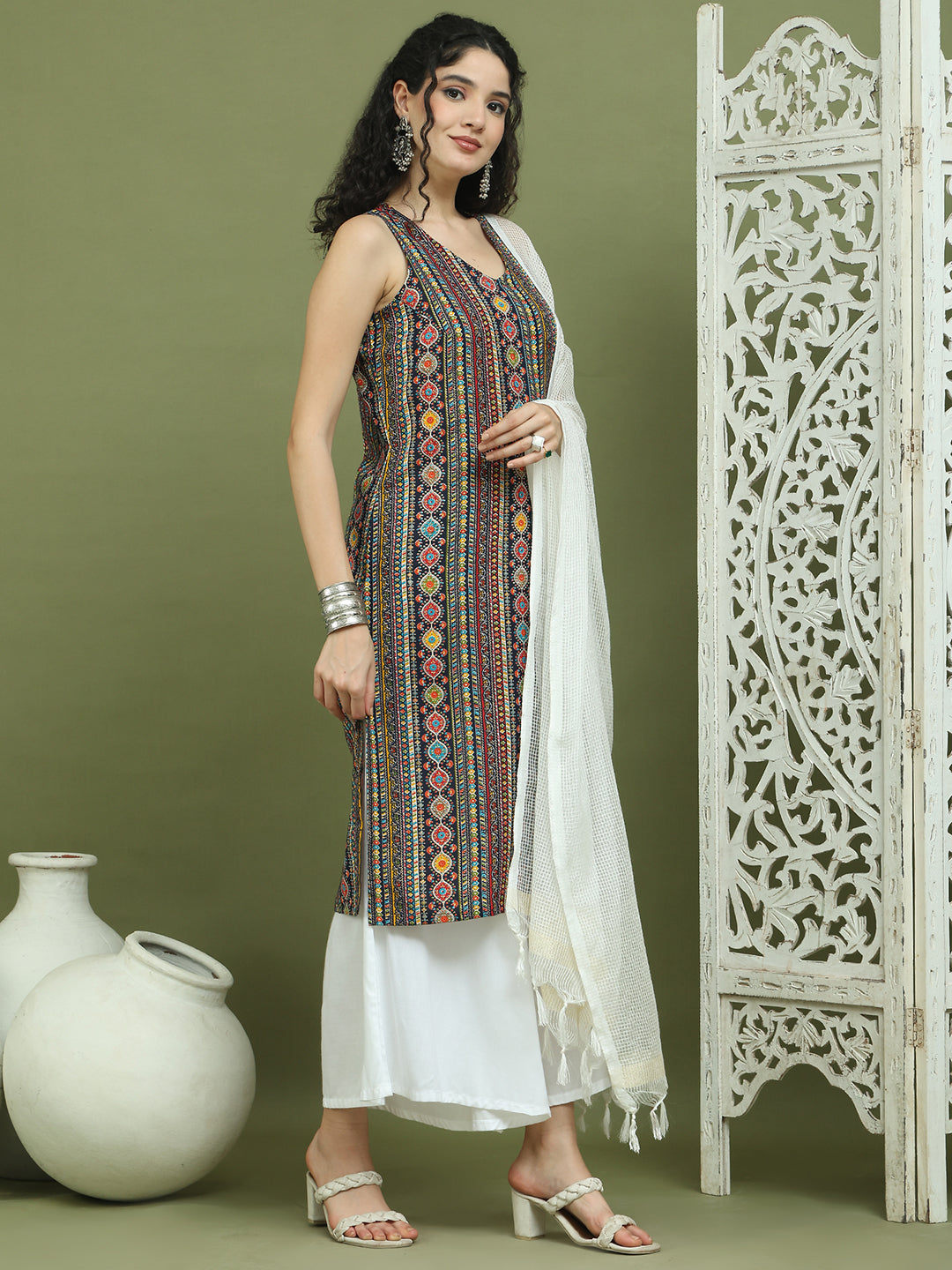 Foil Printed Rayon Kurta Palazzos With Dupatta ( JOKPL 2137W D31W 1574 Navy )