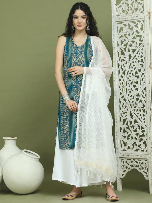 Foil Printed Rayon Kurta Palazzos & Dupatta for Women ( JOKPL 2137W D31W 1575 Blue )