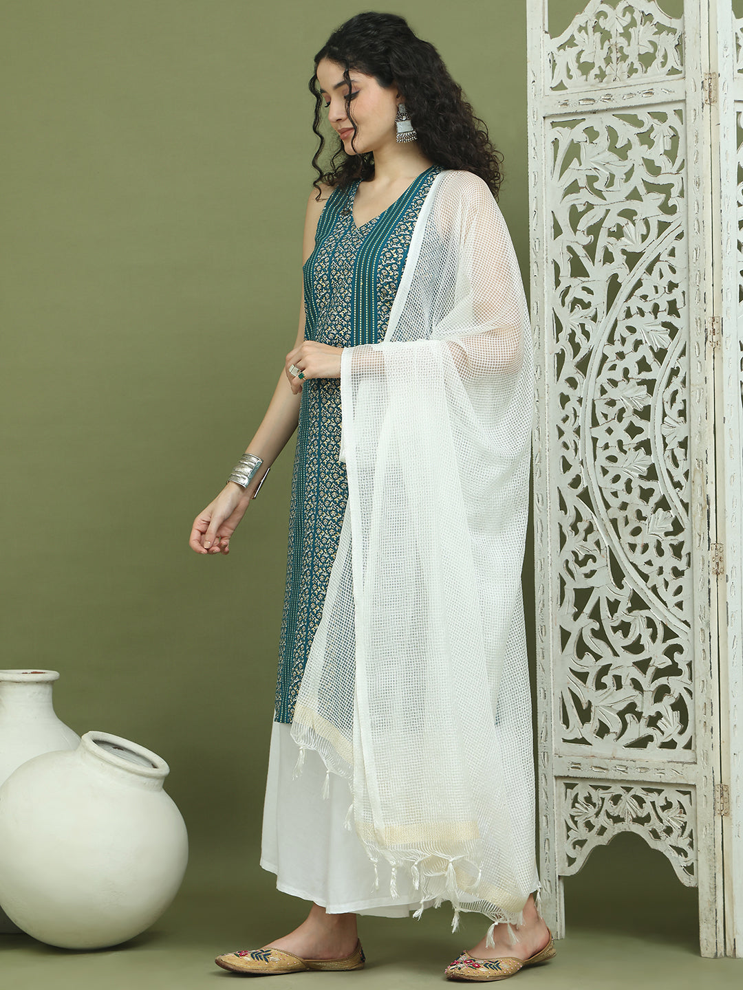 Foil Printed Rayon Kurta Palazzos & Dupatta for Women ( JOKPL 2137W D31W 1575 Blue )