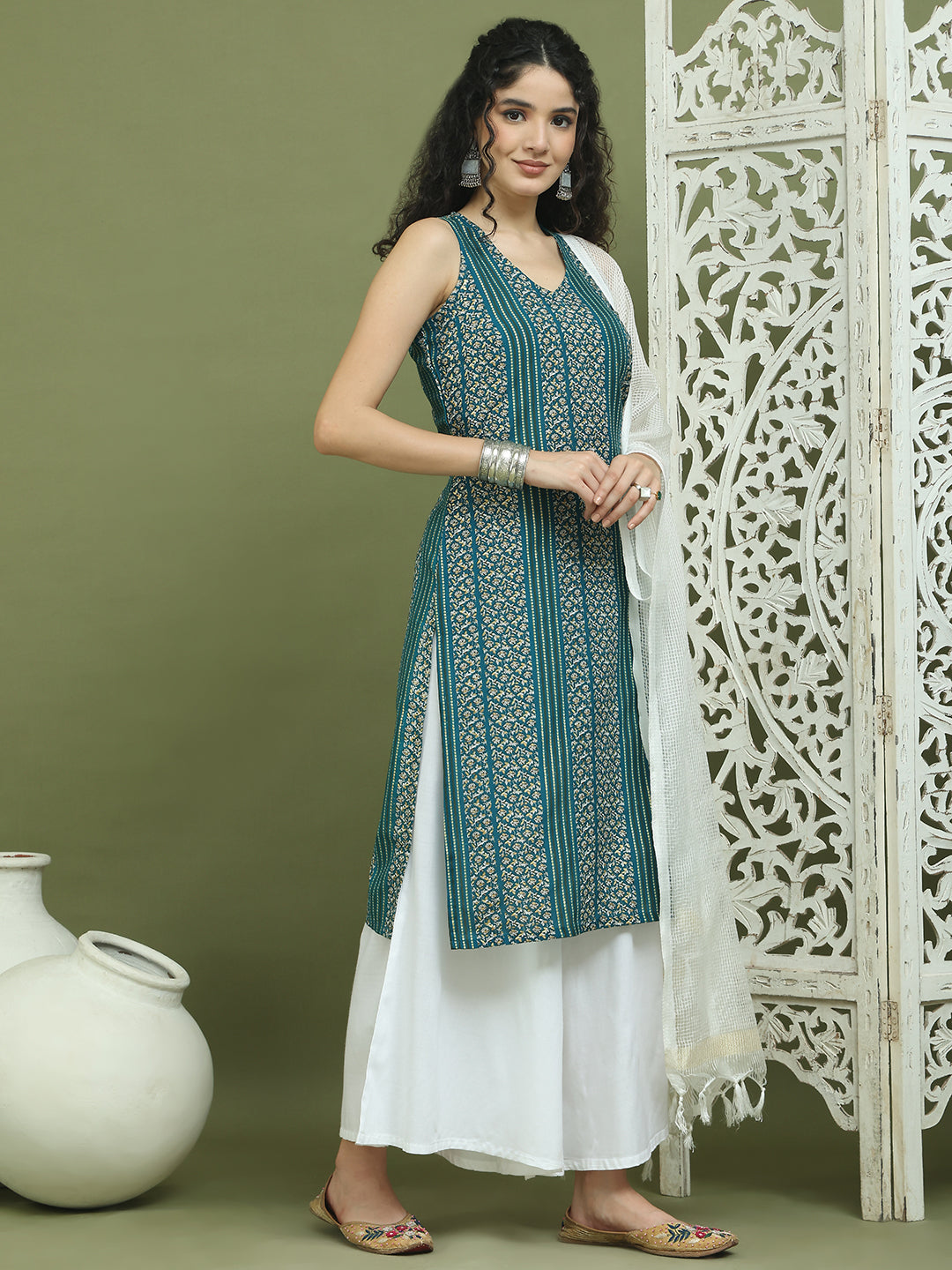 Foil Printed Rayon Kurta Palazzos & Dupatta for Women ( JOKPL 2137W D31W 1575 Blue )