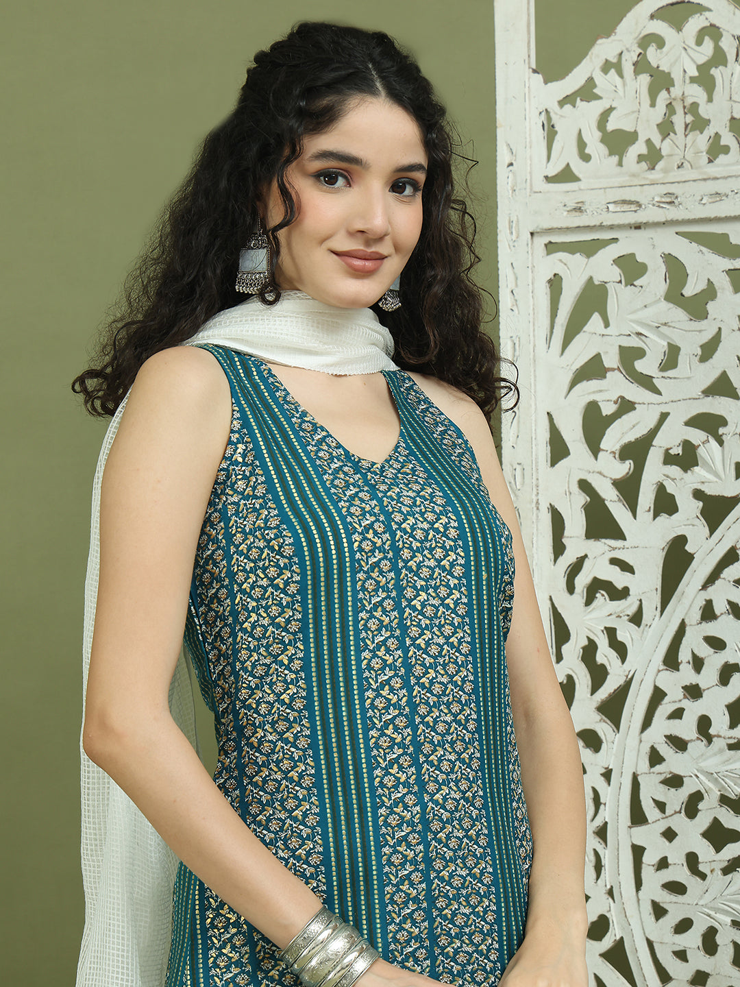 Foil Printed Rayon Kurta Palazzos & Dupatta for Women ( JOKPL 2137W D31W 1575 Blue )