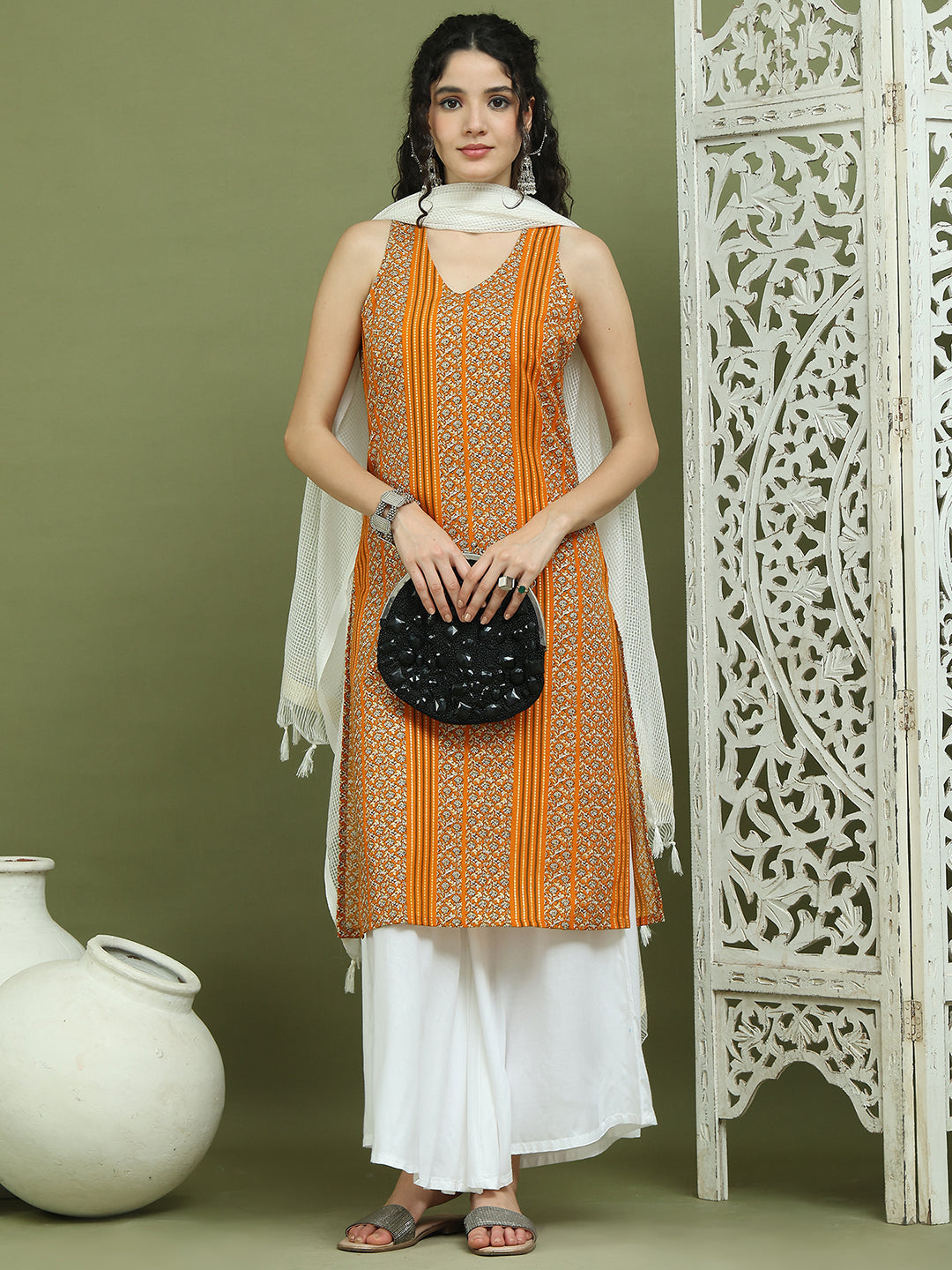 Foil Printed Rayon Kurta Palazzos & Dupatta for Women ( JOKPL 2137W D31W 1575 Yellow )