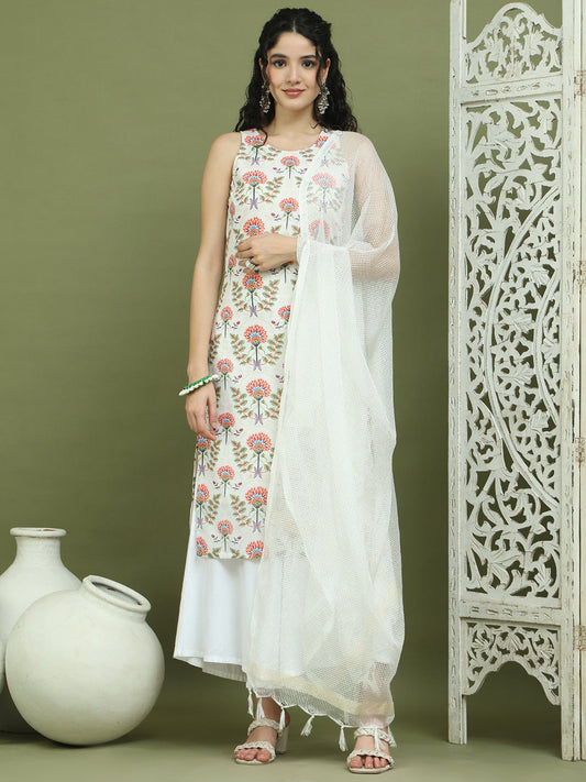 Printed Rayon Kurta Palazzo & Dupatta ( JOKPL 2137W D31W 1580 Ivory )