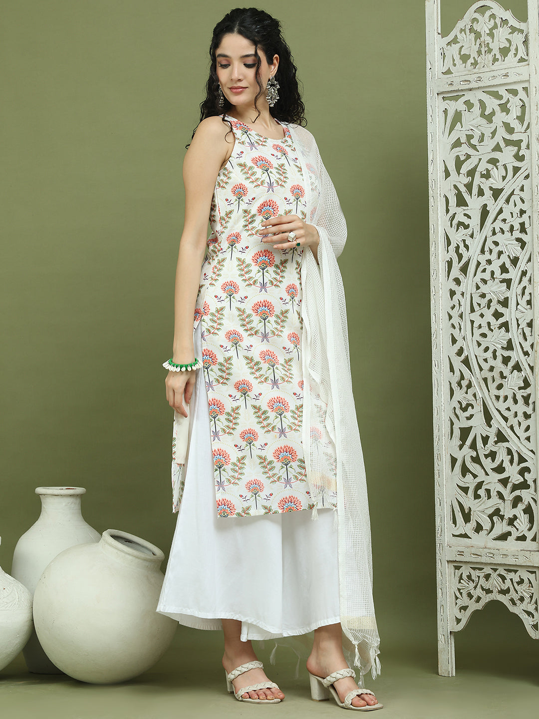 Printed Rayon Kurta Palazzo & Dupatta ( JOKPL 2137W D31W 1580 Ivory )