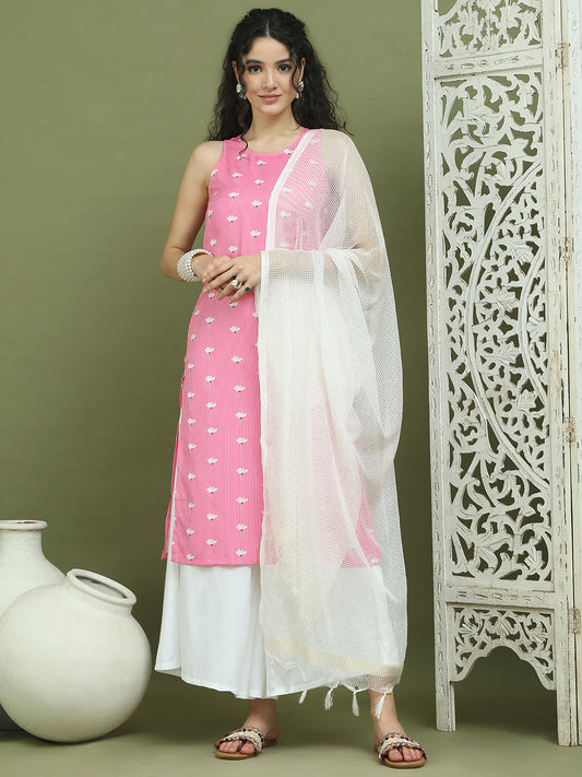 Printed Rayon Kurta Palazzo & Dupatta ( JOKPL 2137W D31W 1580 Pink )