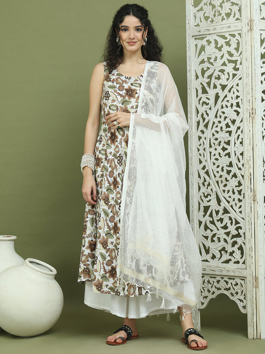 Foil Printed flared kurta pallazos With Dupatta ( JOKPL 2137W D31W 1581 Brown )