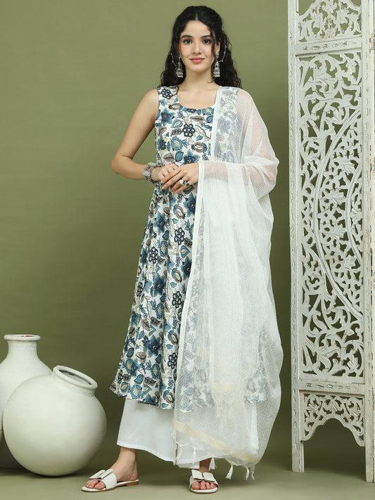 Foil Printed flared kurta pallazos With Dupatta ( JOKPL 2137W D31W 1581 Navy )
