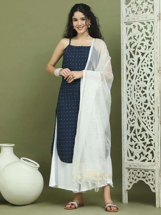 Screen Printed Pure Cotton Kurta Palazzos with Dupatta ( JOKPL 2137W D31W 1582 Navy )