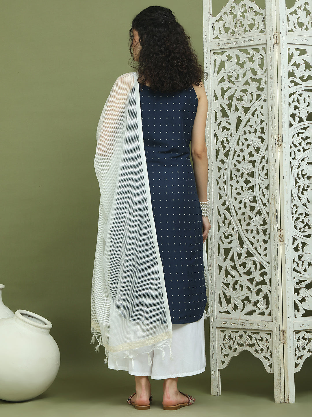 Screen Printed Pure Cotton Kurta Palazzos with Dupatta ( JOKPL 2137W D31W 1582 Navy )