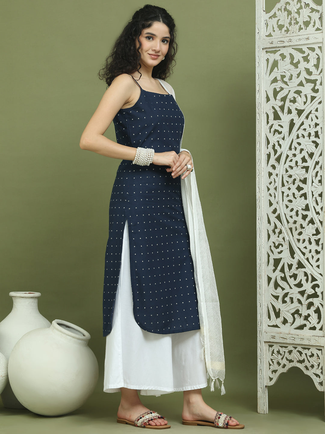 Screen Printed Pure Cotton Kurta Palazzos with Dupatta ( JOKPL 2137W D31W 1582 Navy )
