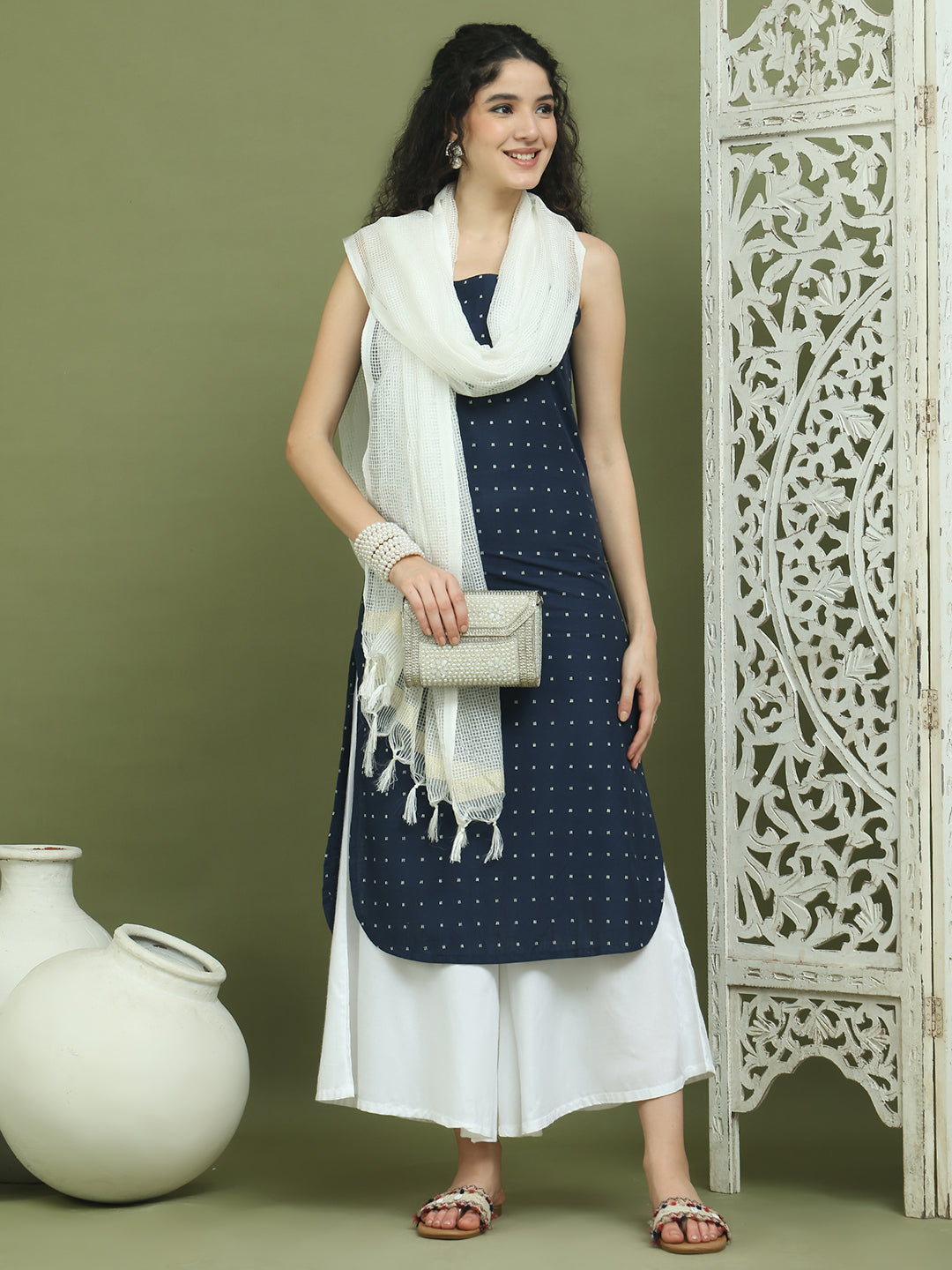 Screen Printed Pure Cotton Kurta Palazzos with Dupatta ( JOKPL 2137W D31W 1582 Navy )