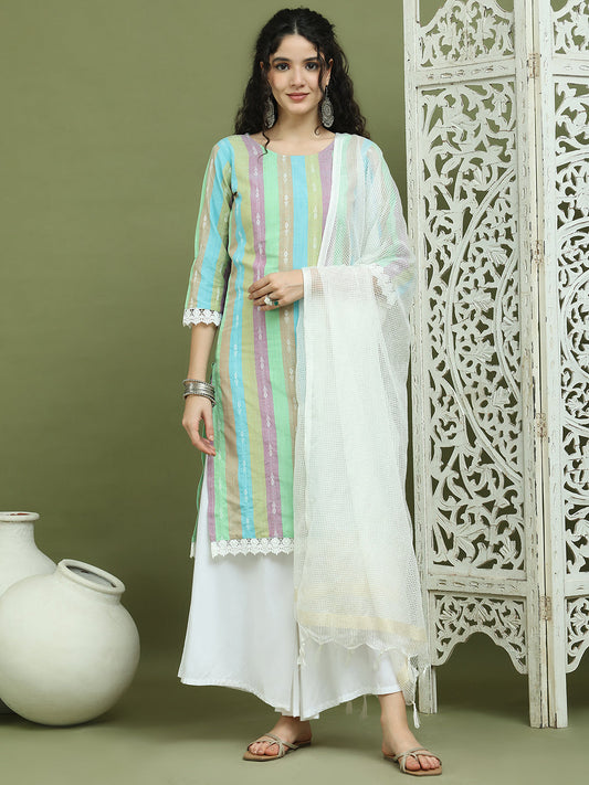 Lace Work, Woven Design straight Kurta Palazzo Dupatta Set ( JOKPL 2137W D31W 1589 Green )