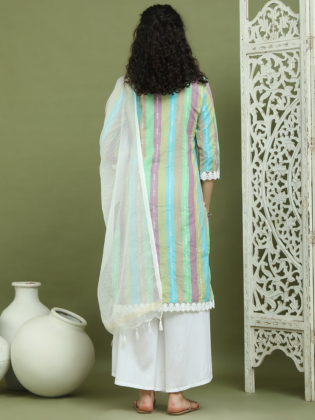Lace Work, Woven Design straight Kurta Palazzo Dupatta Set ( JOKPL 2137W D31W 1589 Green )