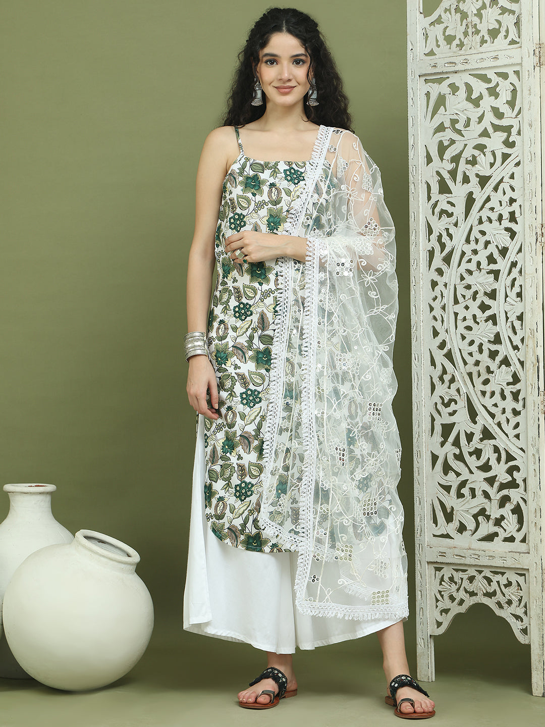 Foil Printed Rayon Kurta Palazzos With Dupatta ( JOKPL 2137W D67W 1573 Green )