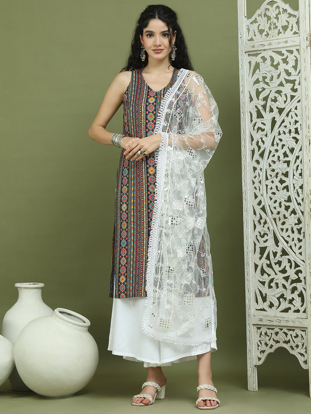 Foil Printed Rayon Kurta Palazzos With Dupatta ( JOKPL 2137W D67W 1574 Navy )