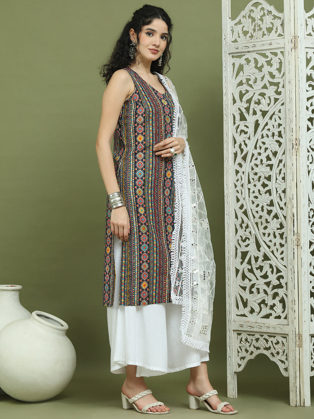 Foil Printed Rayon Kurta Palazzos With Dupatta ( JOKPL 2137W D67W 1574 Navy )