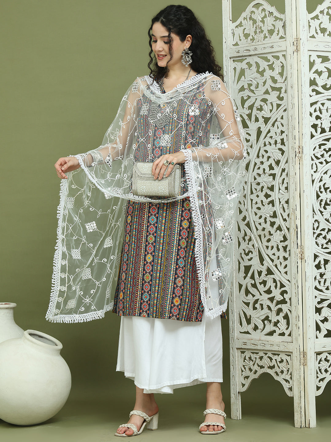 Foil Printed Rayon Kurta Palazzos With Dupatta ( JOKPL 2137W D67W 1574 Navy )