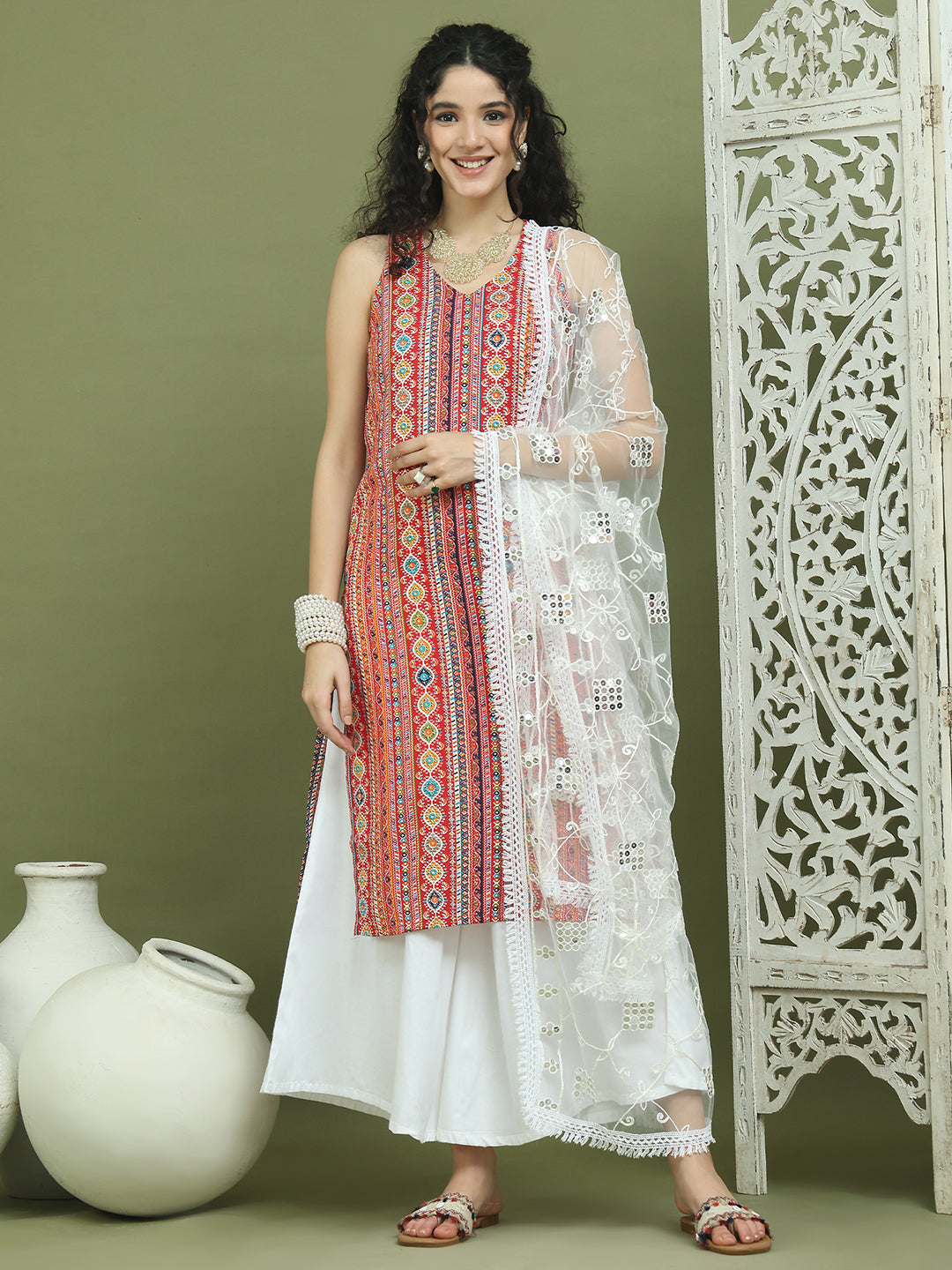 Foil Printed Rayon Kurta Palazzos With Dupatta ( JOKPL 2137W D67W 1574 Red )
