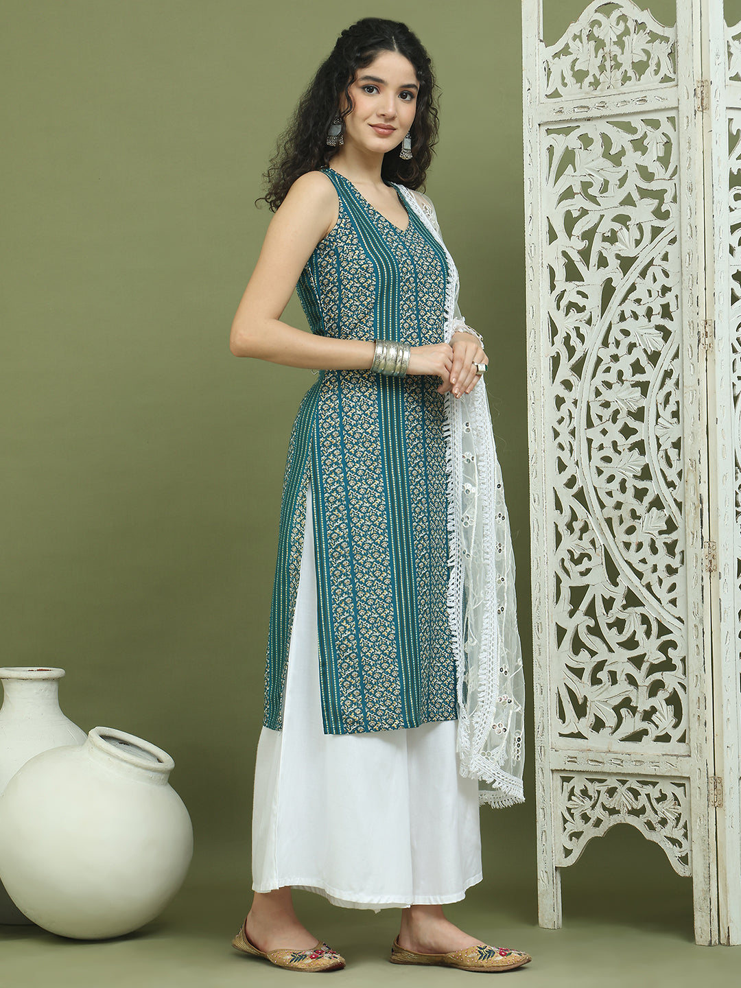 Foil Printed Rayon Kurta Palazzos & Dupatta for Women ( JOKPL 2137W D67W 1575 Blue )