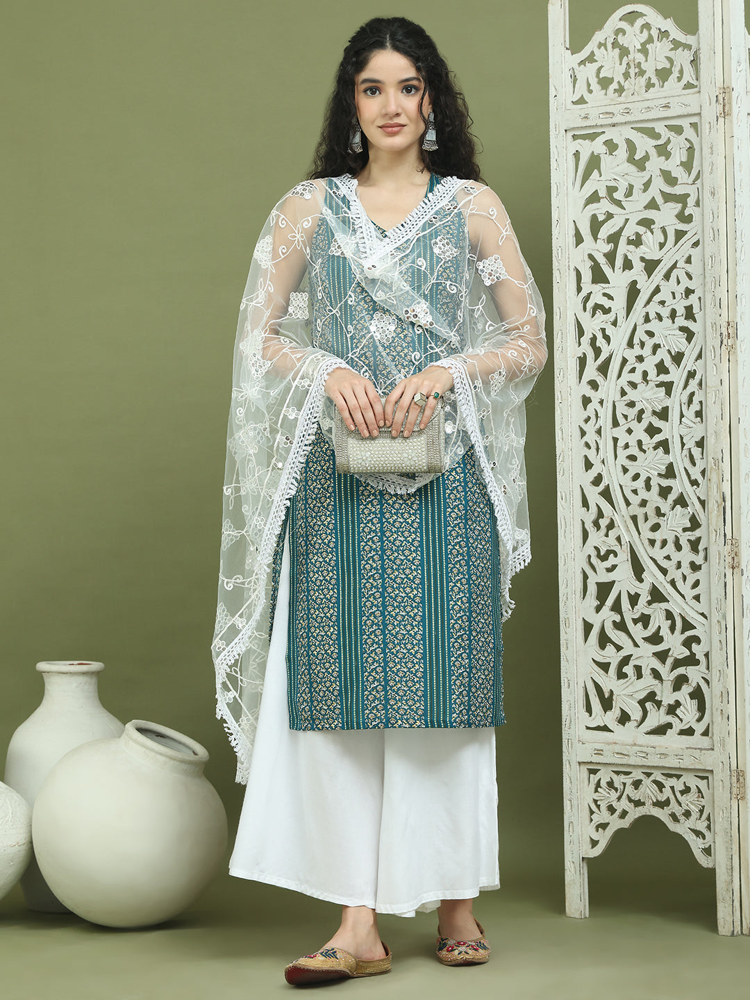 Foil Printed Rayon Kurta Palazzos & Dupatta for Women ( JOKPL 2137W D67W 1575 Blue )