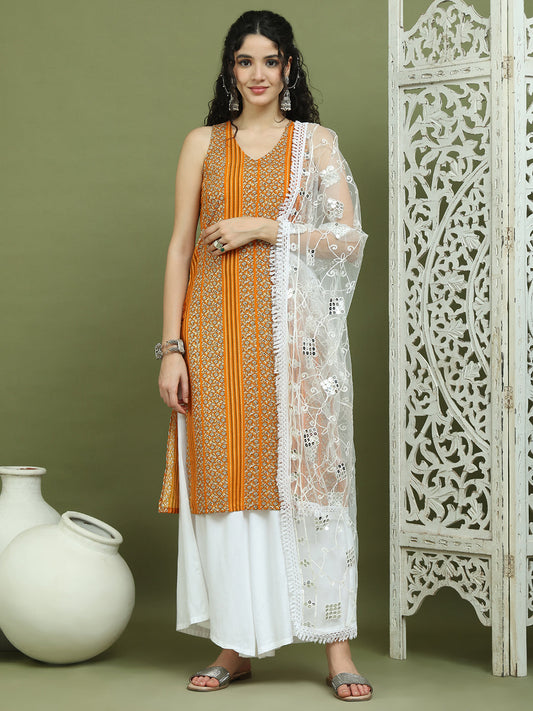Foil Printed Rayon Kurta Palazzos & Dupatta for Women ( JOKPL 2137W D67W 1575 Yellow )